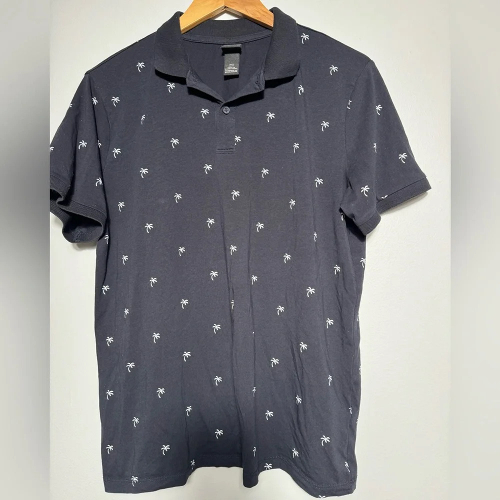 Men's H&M Palm Tree‎ Print Polo Navy Blue Shirt 100% Cotton Size M